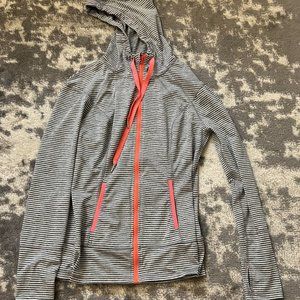 Lukka Women's Gray, White Stiped orange Neon Hooded Zipper Warm Up Jacket Medium